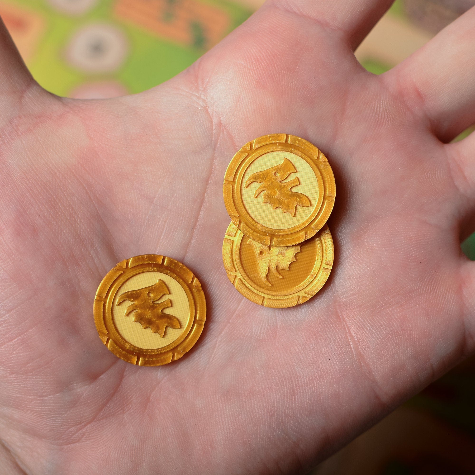 Flamecraft Coin: 3D Printed Golden Token Set - board game expansion set - BoardGeekFox