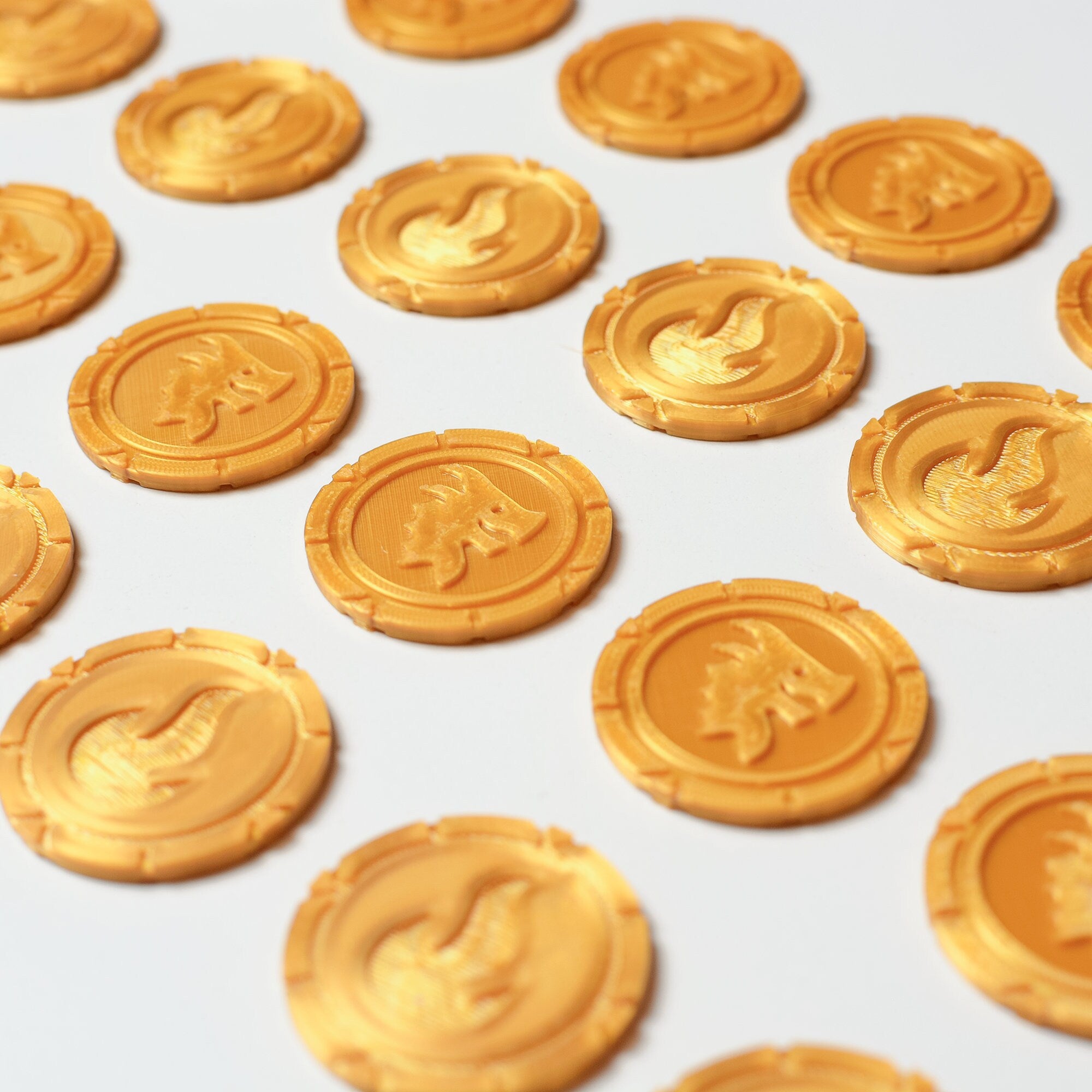 Flamecraft Coin: 3D Printed Golden Token Set - board game expansion set - BoardGeekFox