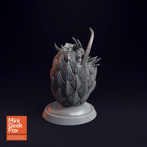 Baby Dragon in Egg v1 - Fantasy Miniature, DnD Dragon Hatchling, Tabletop RPG Figure - board game expansion set - BoardGeekFox