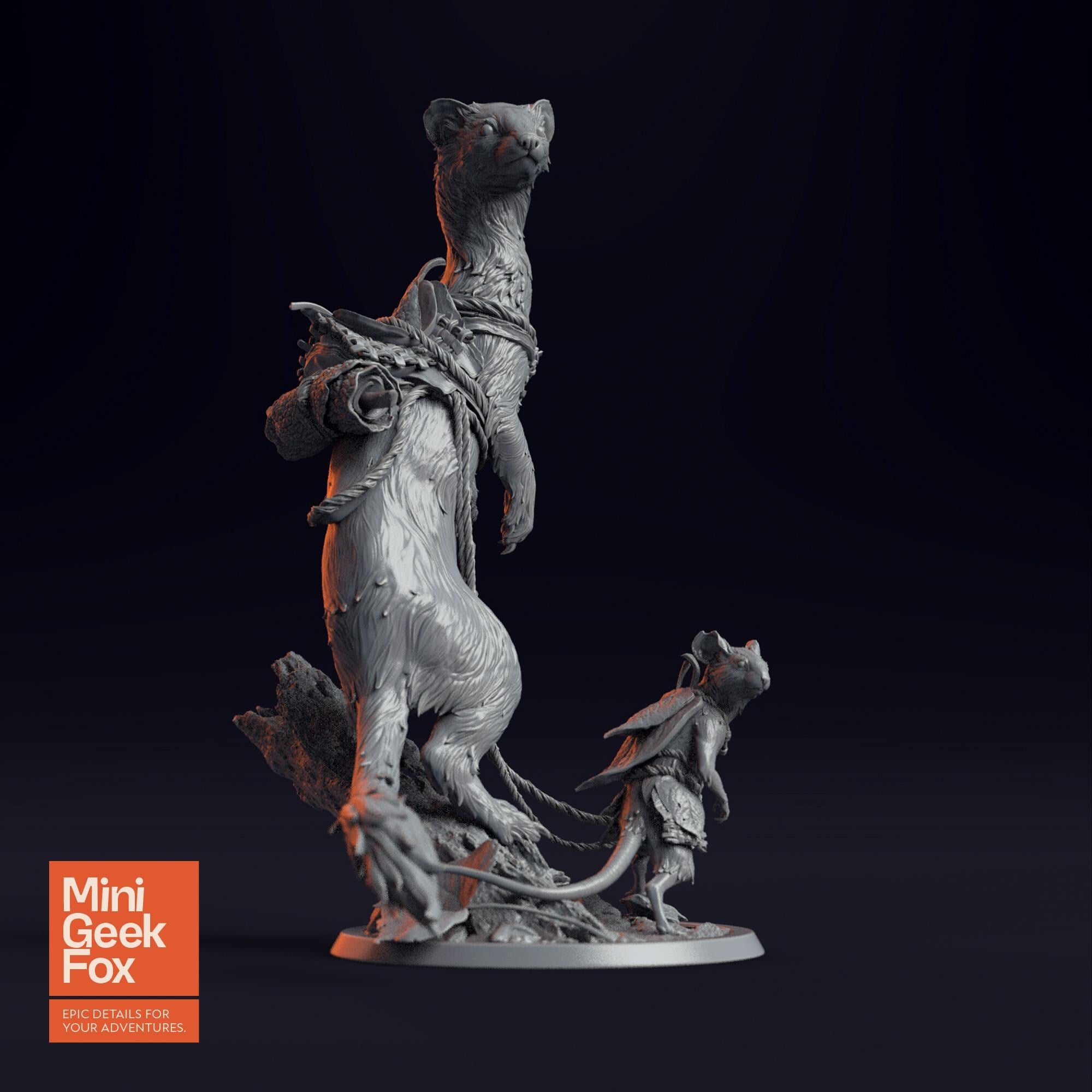 Archduke Mousin and Weasel - Fantasy Animal Companions, DnD Miniature, Tabletop RPG Figure - board game expansion set - BoardGeekFox