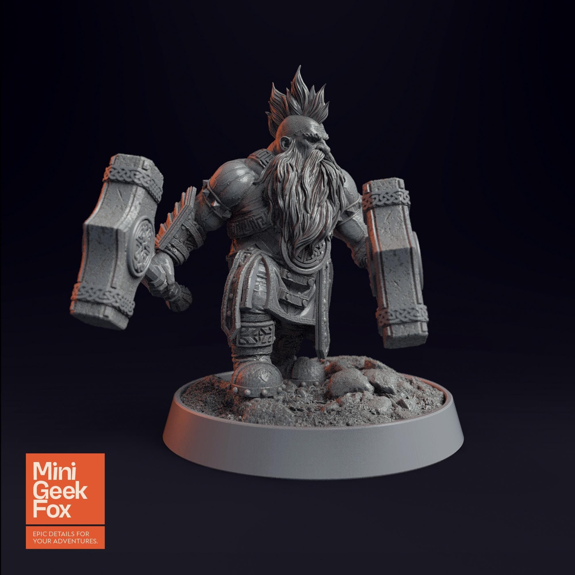Flint Hammerfell D&D Miniature - Dual Hammer-Wielding Fantasy Tabletop RPG Mini for Dungeons and Dragons, Pathfinder - board game expansion set - BoardGeekFox