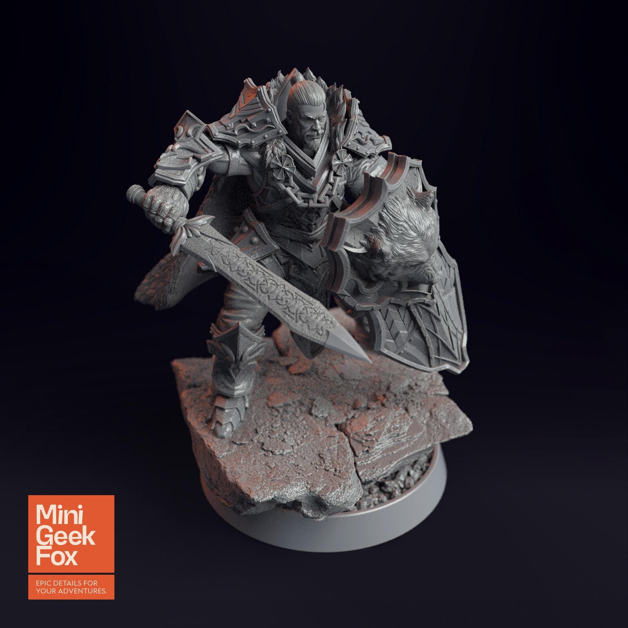 Hjalmar Strachan of the Forth Sun DnD Miniature - Sword & Shield Warrior for Fantasy Tabletop RPGs - board game expansion set - BoardGeekFox