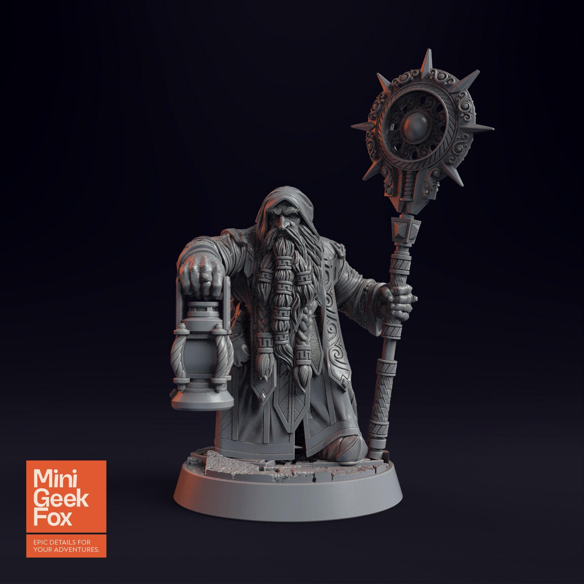 Draugmaster Slee DnD Miniature - Mystical Dwarf Mage with Lantern & Staff for Fantasy Tabletop RPGs - board game expansion set - BoardGeekFox