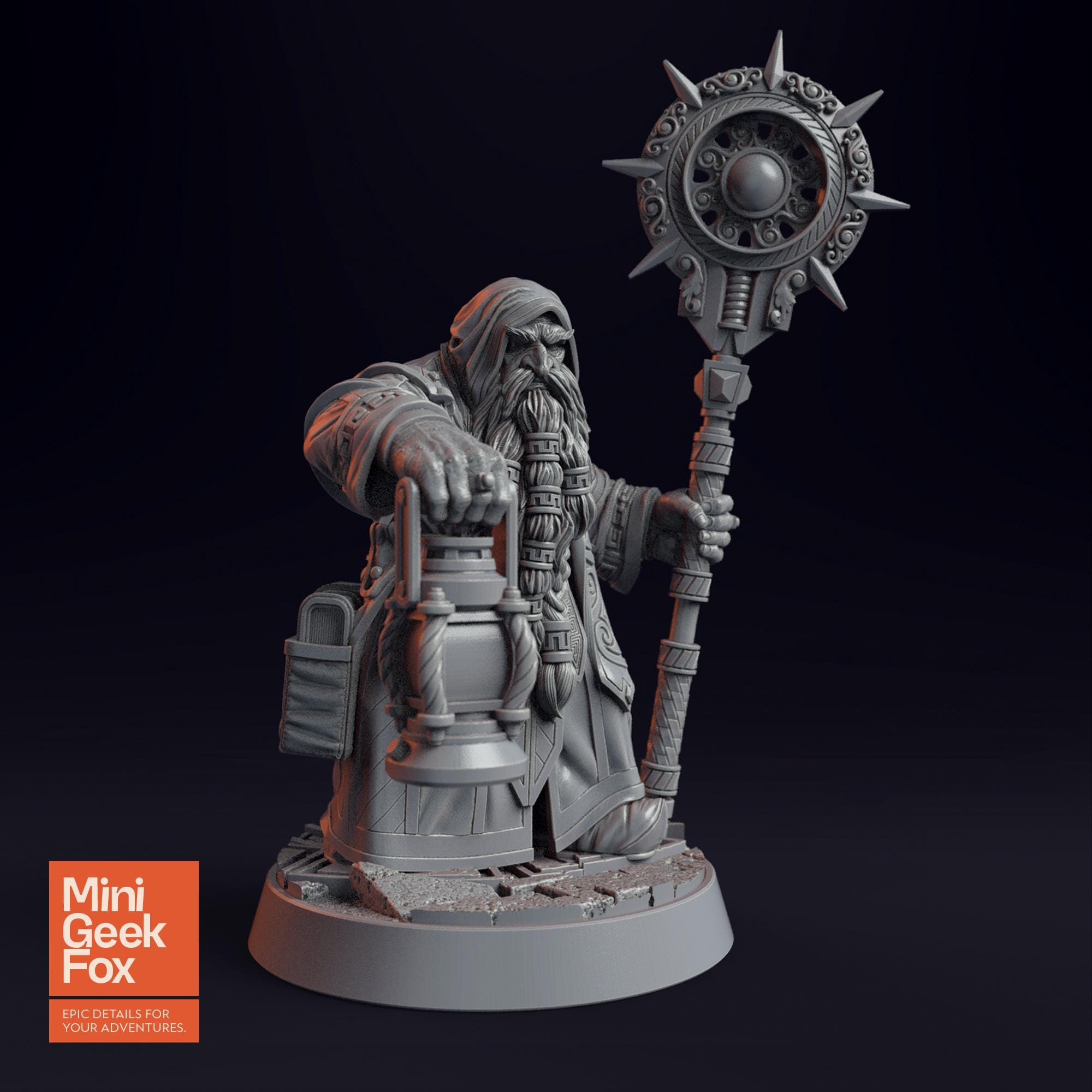 Draugmaster Slee DnD Miniature - Mystical Dwarf Mage with Lantern & Staff for Fantasy Tabletop RPGs - board game expansion set - BoardGeekFox