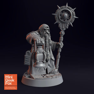 Draugmaster Slee DnD Miniature - Mystical Dwarf Mage with Lantern & Staff for Fantasy Tabletop RPGs - board game expansion set - BoardGeekFox