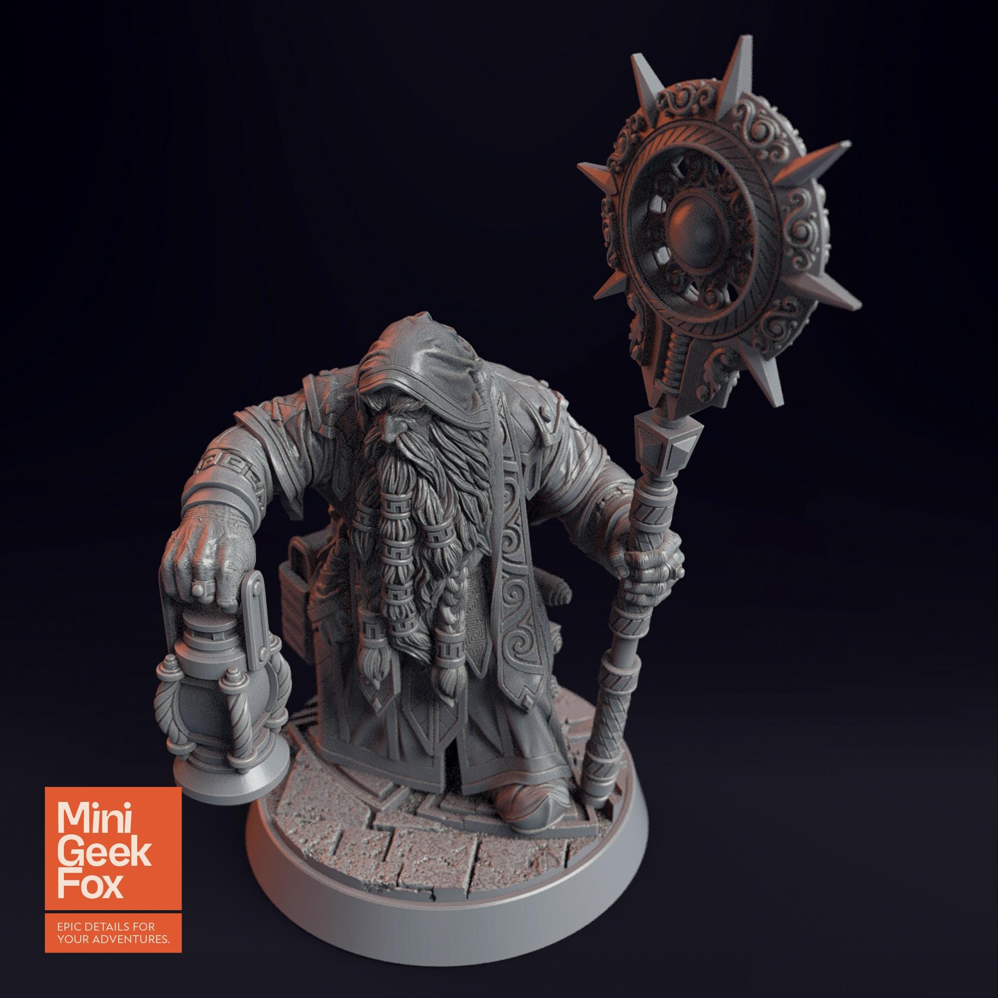 Draugmaster Slee DnD Miniature - Mystical Dwarf Mage with Lantern & Staff for Fantasy Tabletop RPGs - board game expansion set - BoardGeekFox