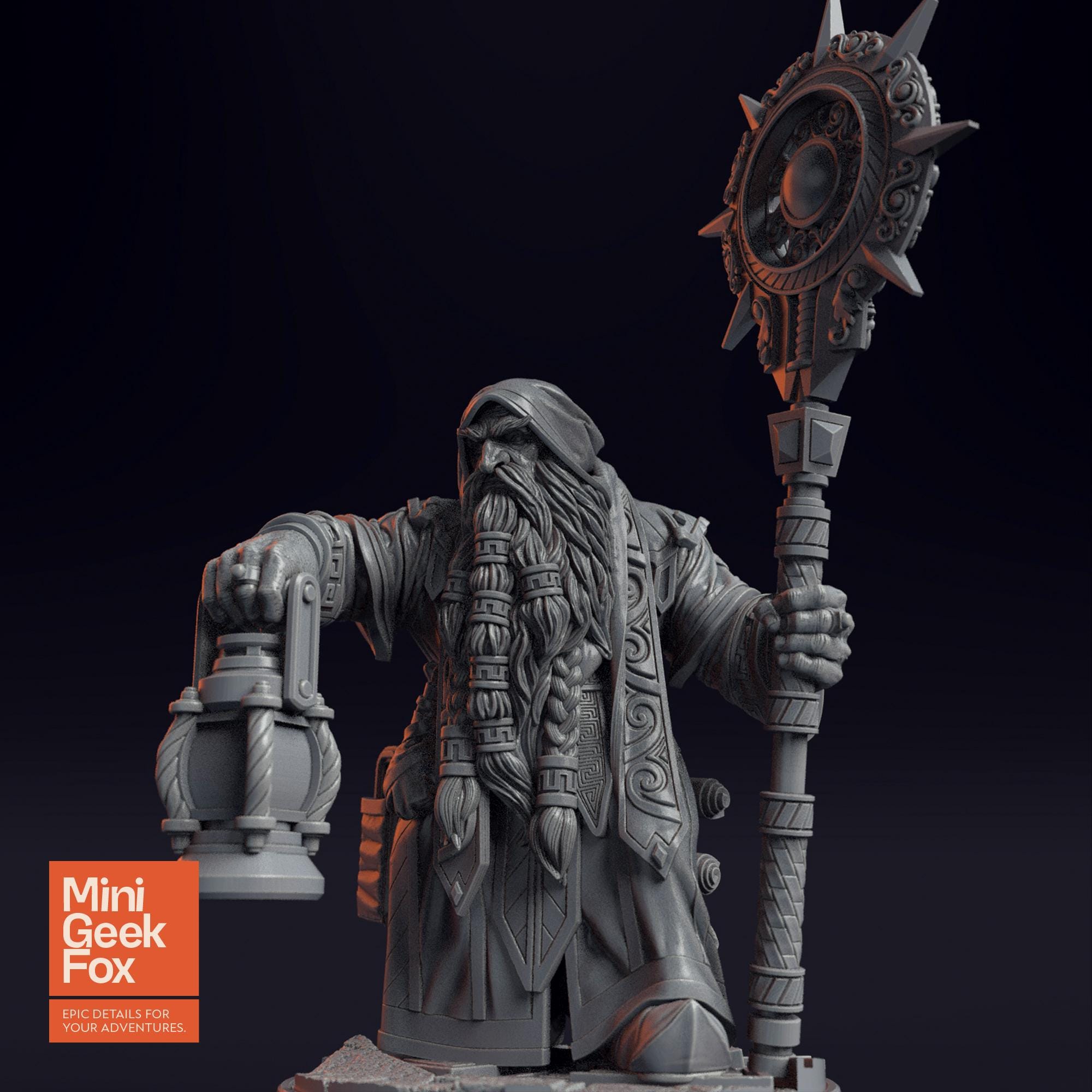 Draugmaster Slee DnD Miniature - Mystical Dwarf Mage with Lantern & Staff for Fantasy Tabletop RPGs - board game expansion set - BoardGeekFox