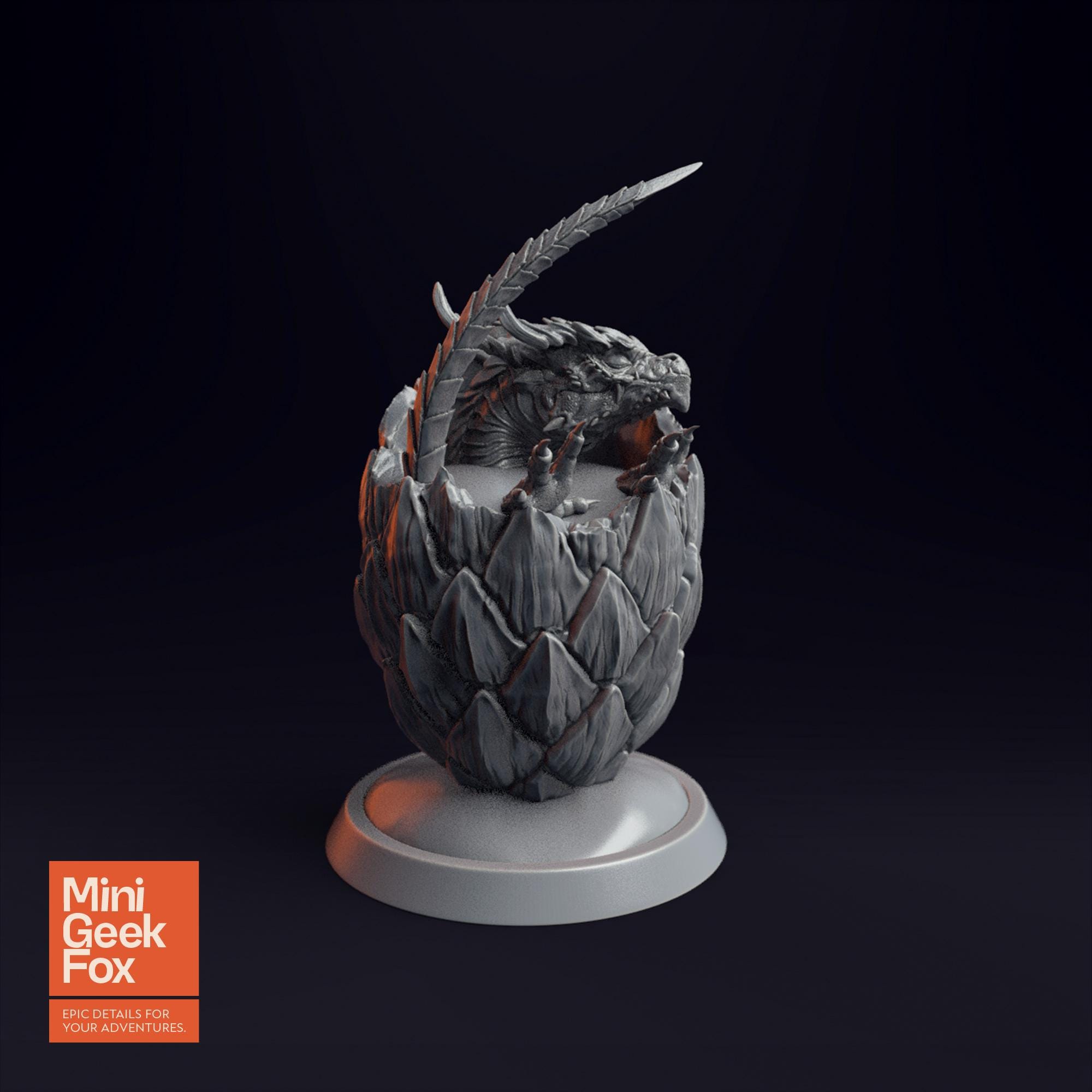 Baby Dragon in Egg v1 - Fantasy Miniature, DnD Dragon Hatchling, Tabletop RPG Figure - board game expansion set - BoardGeekFox