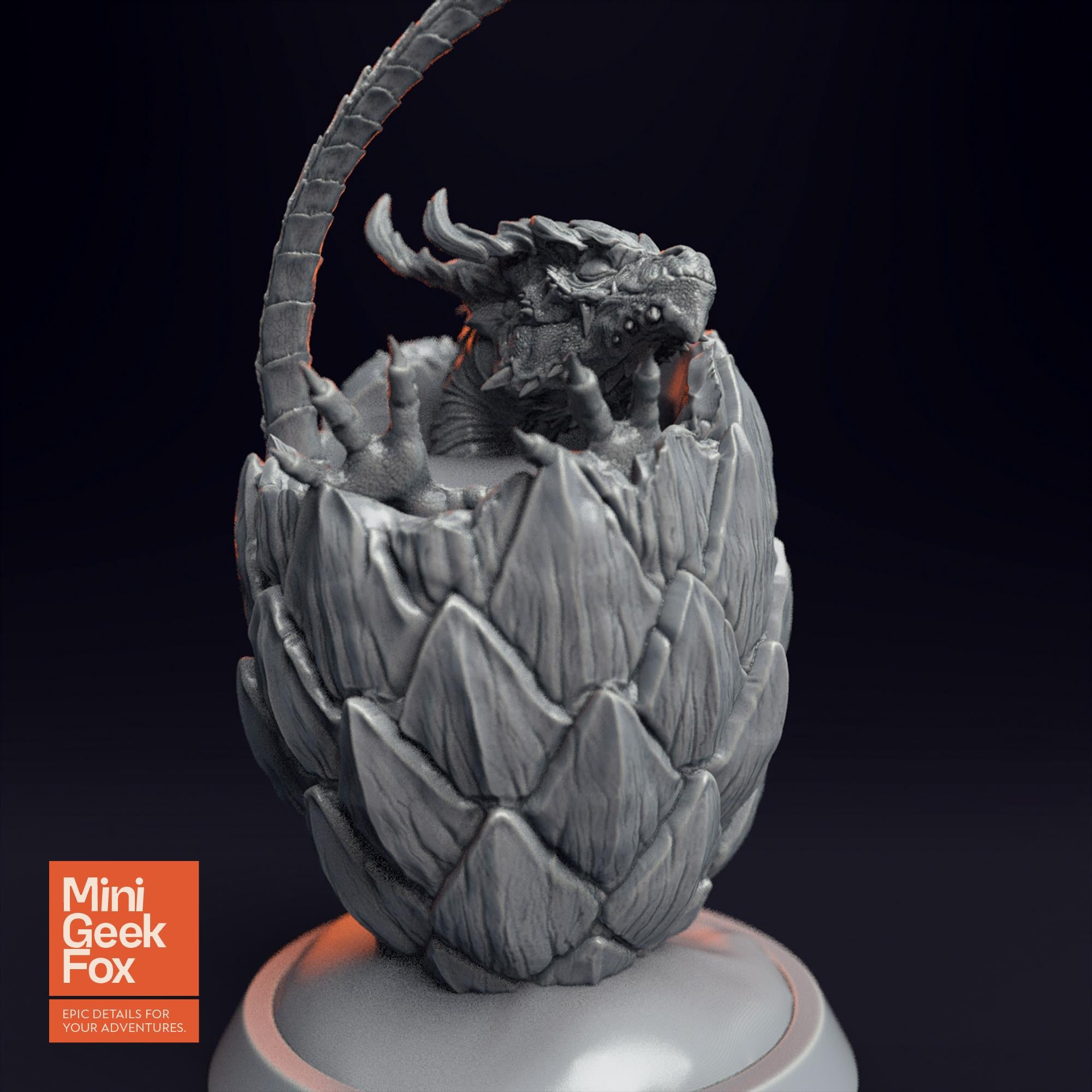 Baby Dragon in Egg v1 - Fantasy Miniature, DnD Dragon Hatchling, Tabletop RPG Figure - board game expansion set - BoardGeekFox