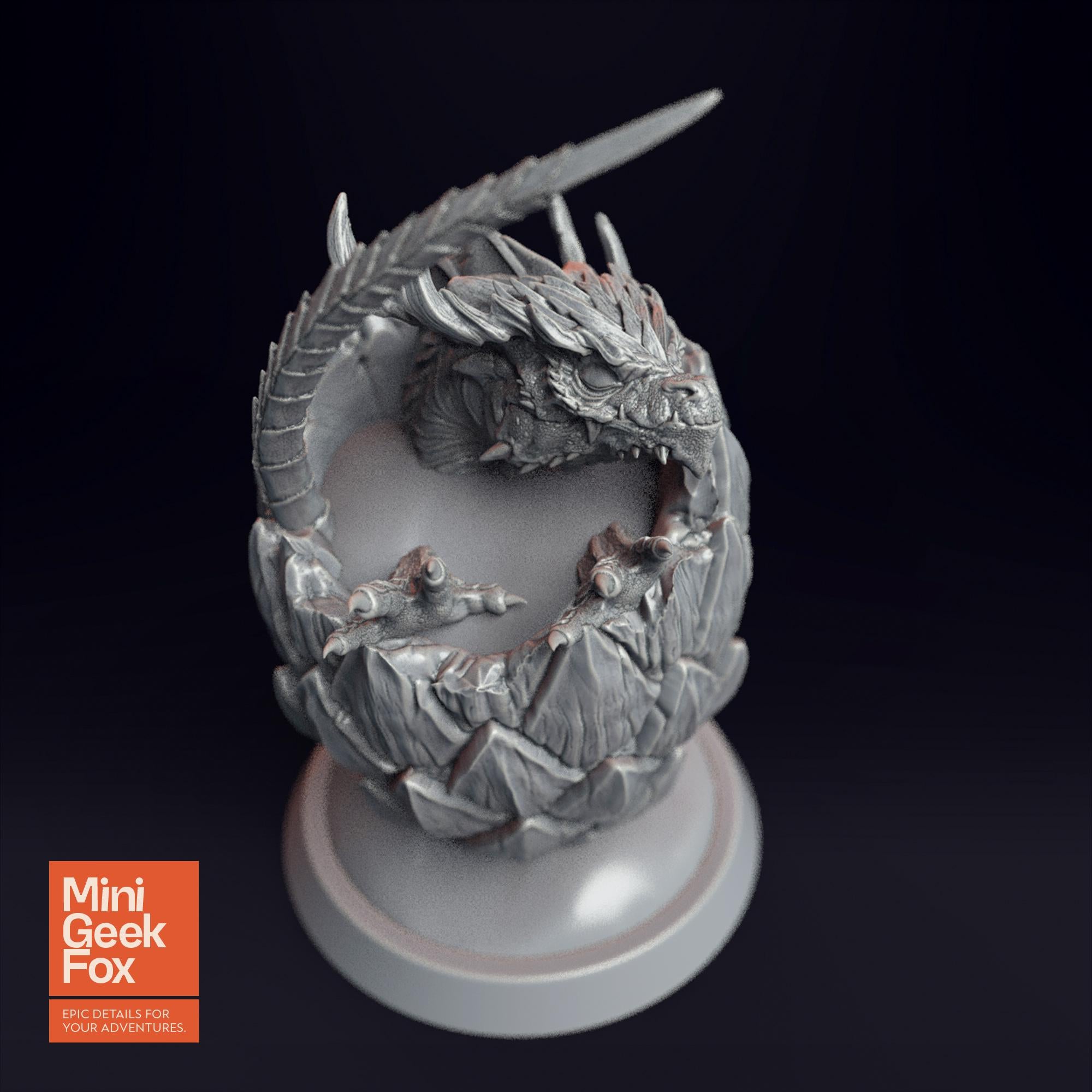 Baby Dragon in Egg v1 - Fantasy Miniature, DnD Dragon Hatchling, Tabletop RPG Figure - board game expansion set - BoardGeekFox