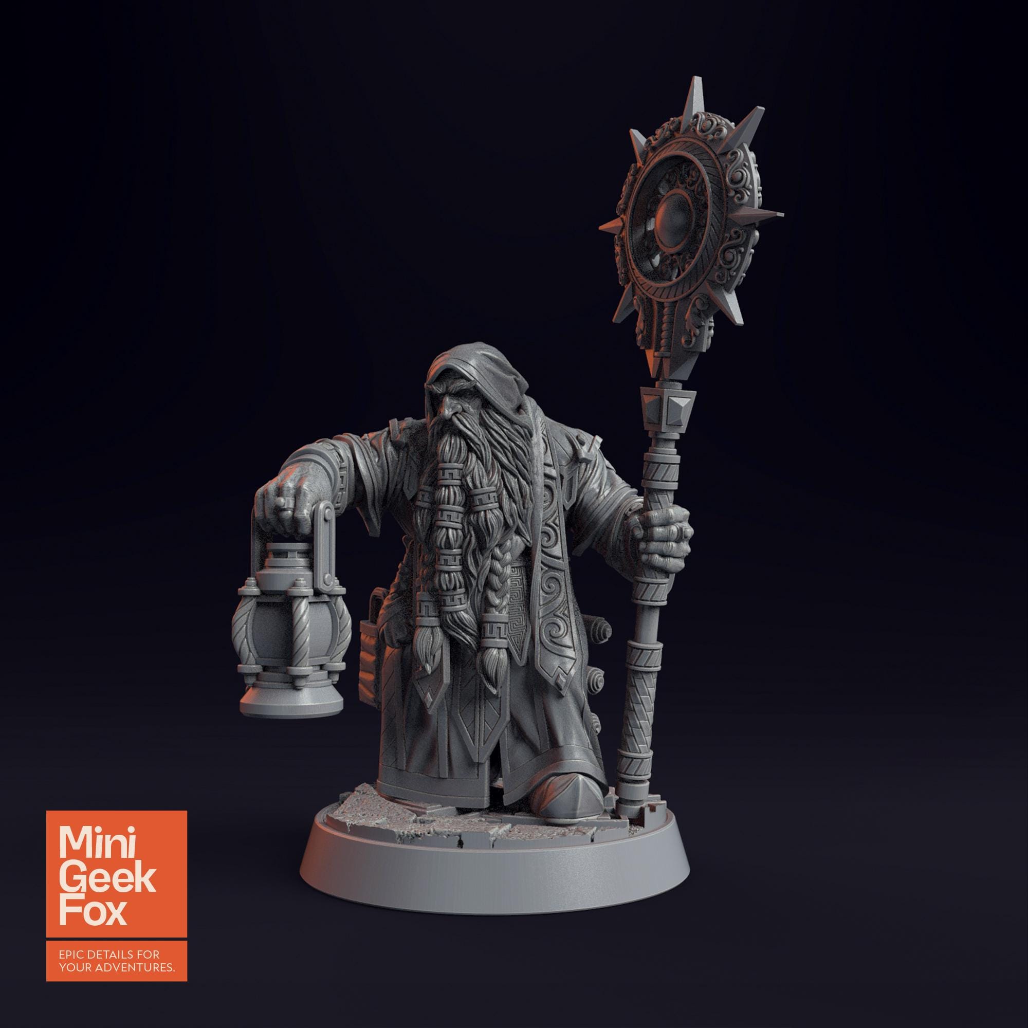 Draugmaster Slee DnD Miniature - Mystical Dwarf Mage with Lantern & Staff for Fantasy Tabletop RPGs - board game expansion set - BoardGeekFox