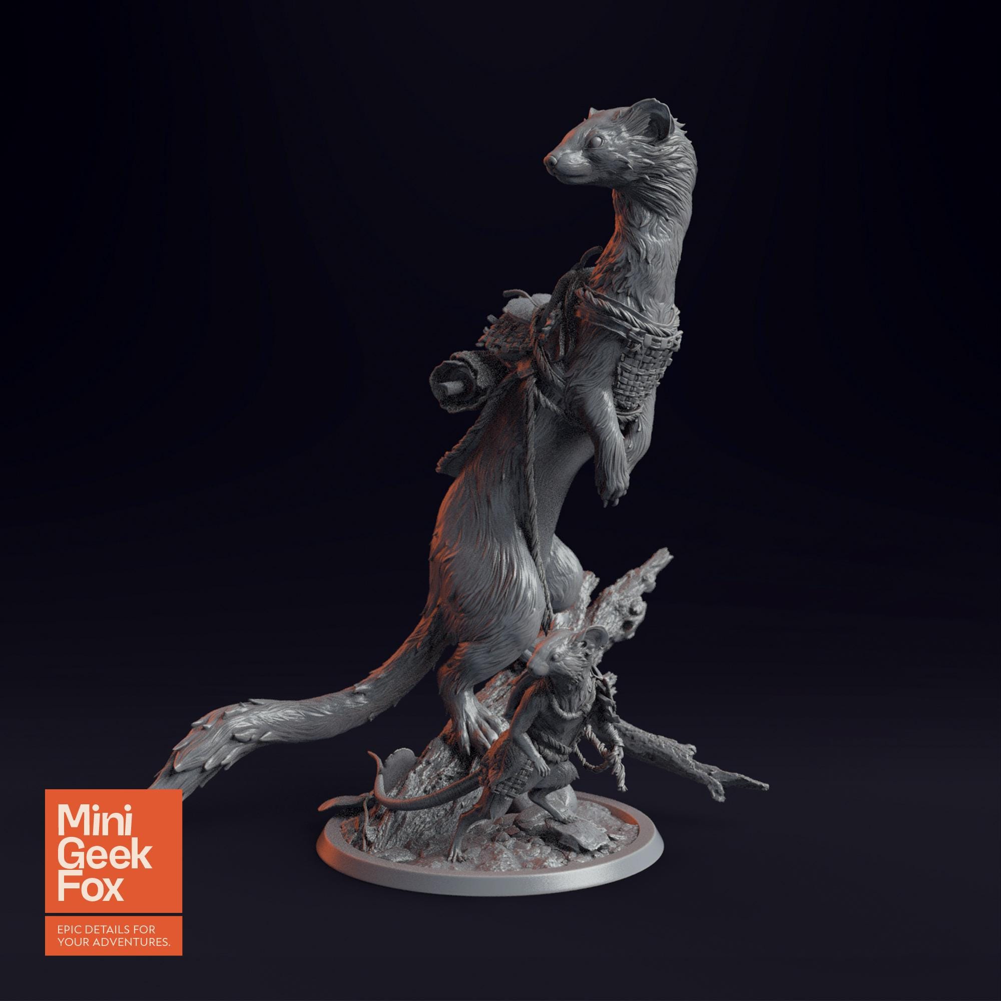 Archduke Mousin and Weasel - Fantasy Animal Companions, DnD Miniature, Tabletop RPG Figure